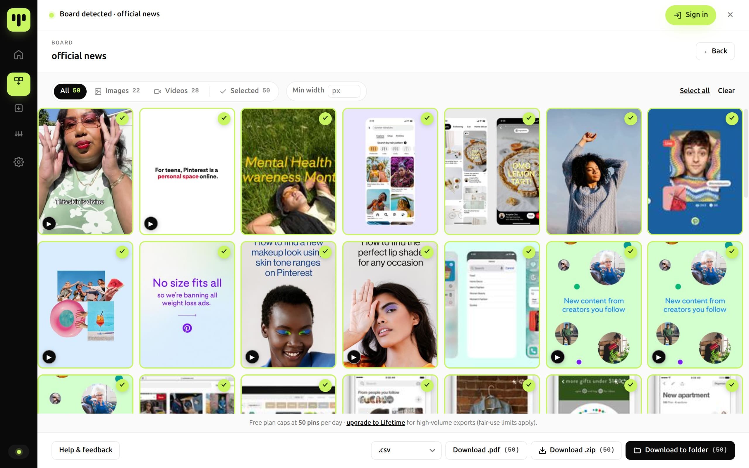 The BulkoPin extension on a Pinterest board with all 50 pins selected and the ZIP, PDF and CSV export buttons ready.