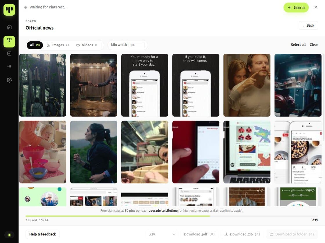 BulkoPin exporting a Pinterest board — pin thumbnails and download progress
