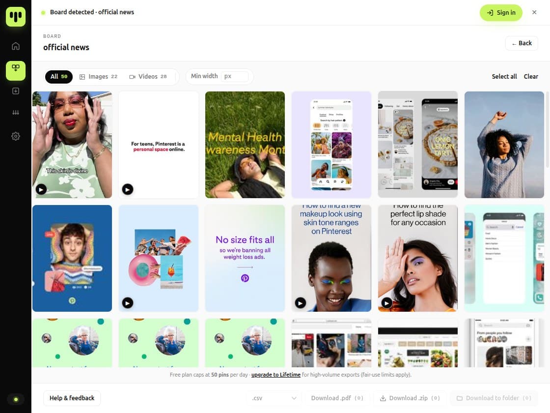 BulkoPin-Erweiterung zeigt die Pins einer erkannten Pinterest-Pinnwand, bereit zum Export als Bilder, Videos oder ZIP